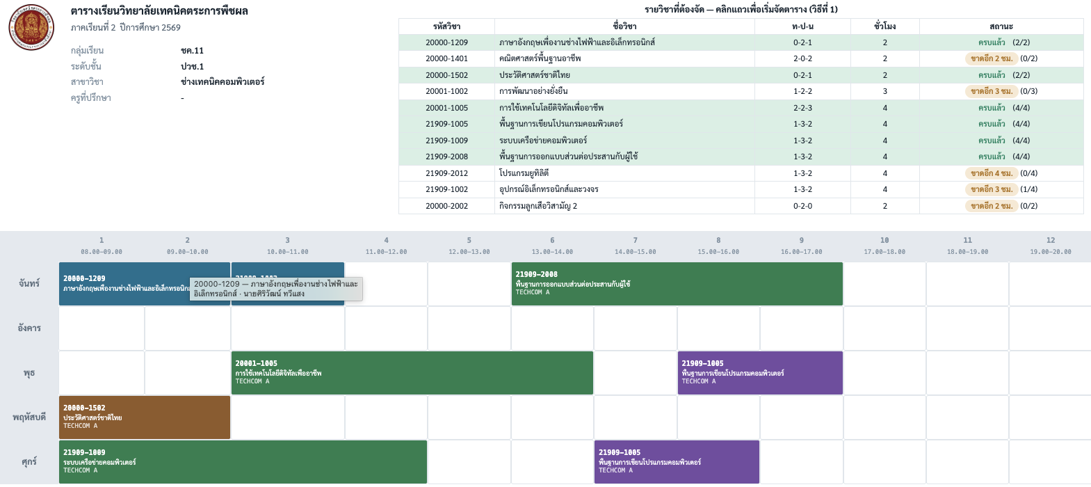 ตัวอย่างหน้าจัดตารางเรียน–ตารางสอนของระบบ TAB